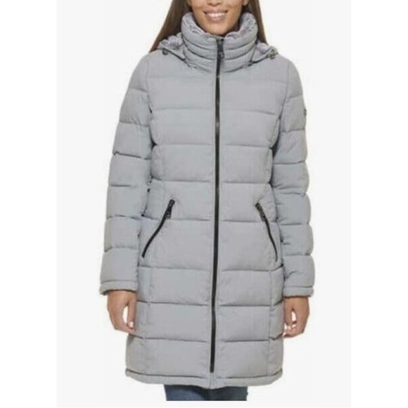 Andrew Marc Stretch Light Gray Hooded Puffer Parka Coat Faux Fur Collar Womens M